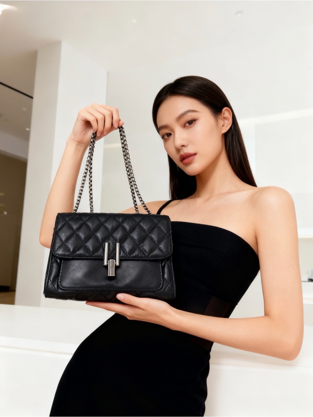 Black Quilted Crossbody Bag with Gold-Tone Chain Strap